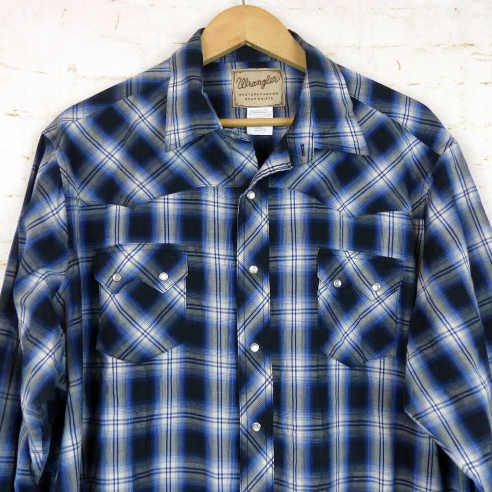 Wrangler Western Shirt Men 2XL Blue Plaid Sawtooth Pocket Pearl Snap Long Sleeve - Picture 4 of 12